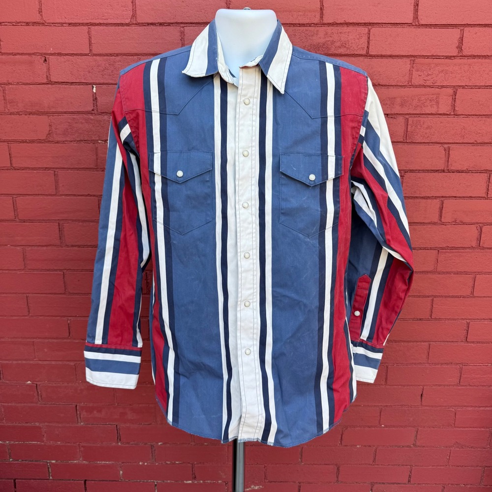 Vtg Wrangler Brushpopper Shirts Mens Medium Blue Red White Striped Pearl Snap